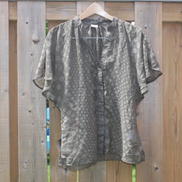Sheer Olive Green Button Up Blouse Women's Size Large BUBBLE TEA BLISS - Picture 1 of 5